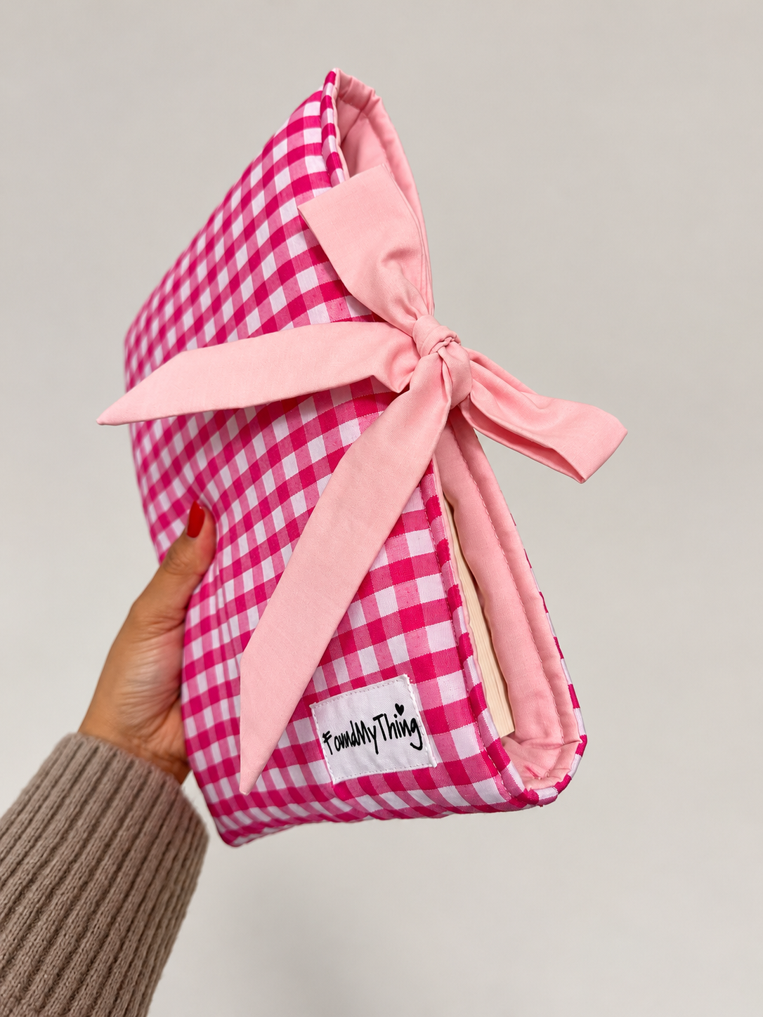 Pink Gingham Soft Padded Book Sleeve with Bow for Book Lover