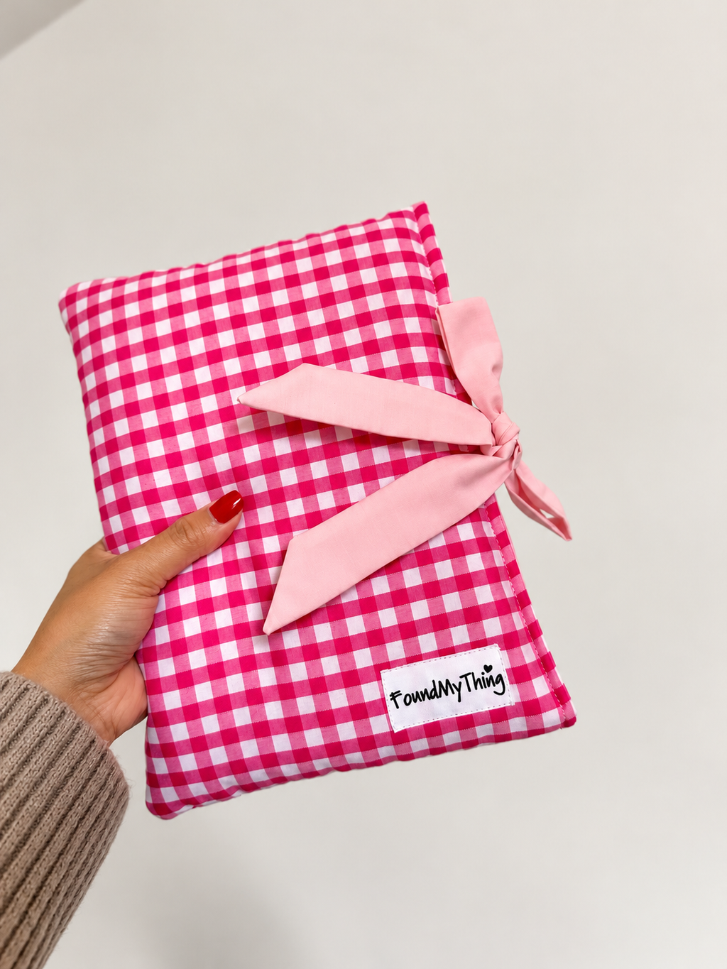 Pink Gingham Soft Padded Book Sleeve with Bow for Book Lover