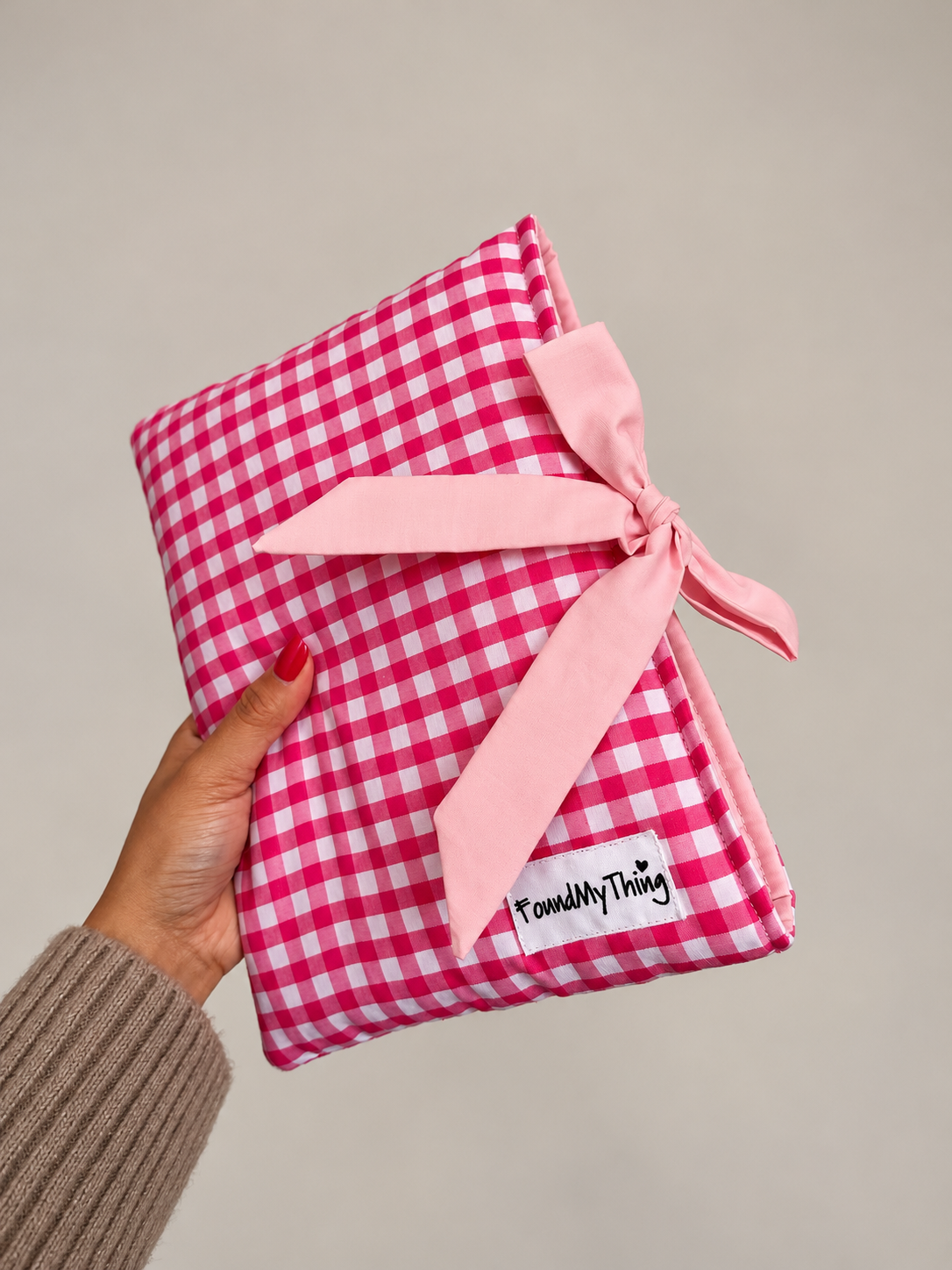 Pink Gingham Soft Padded Book Sleeve with Bow for Book Lover