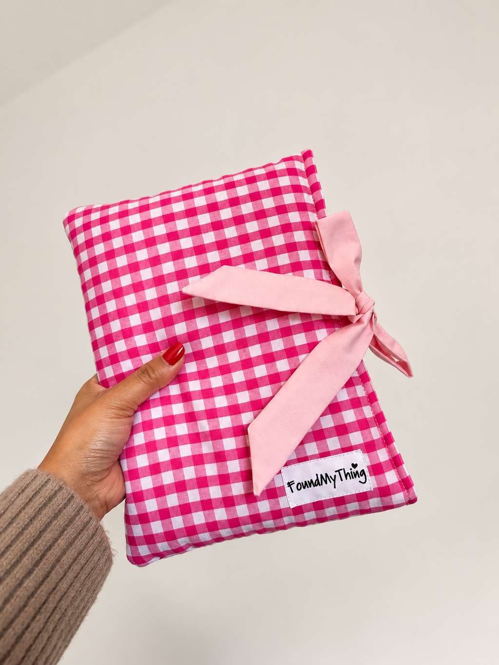 Pink Gingham Soft Padded Book Sleeve with Bow for Book Lover