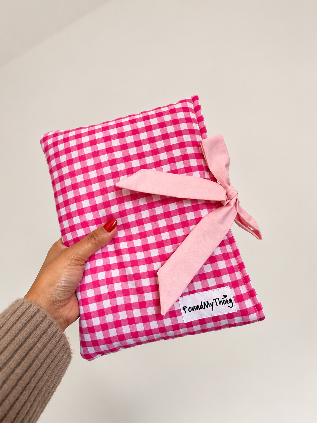 Pink Gingham Soft Padded Book Sleeve with Bow for Book Lover