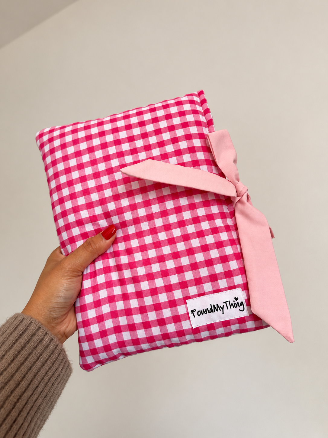 Pink Gingham Soft Padded Book Sleeve with Bow for Book Lover