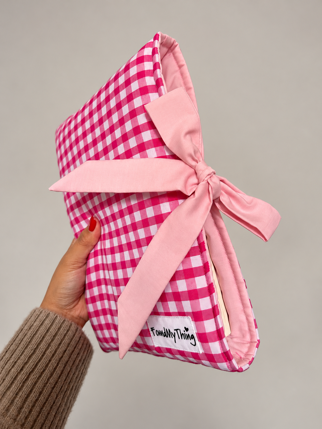 Pink Gingham Soft Padded Book Sleeve with Bow for Book Lover