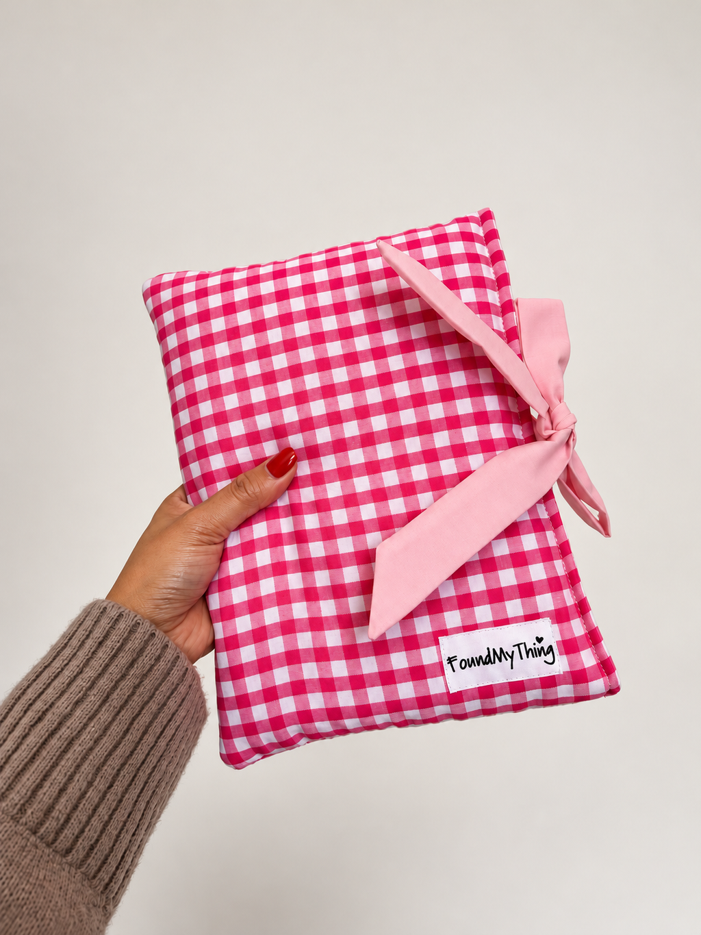 Pink Gingham Soft Padded Book Sleeve with Bow for Book Lover