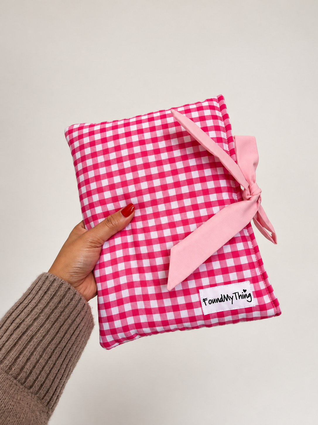 Pink Gingham Soft Padded Book Sleeve with Bow for Book Lover