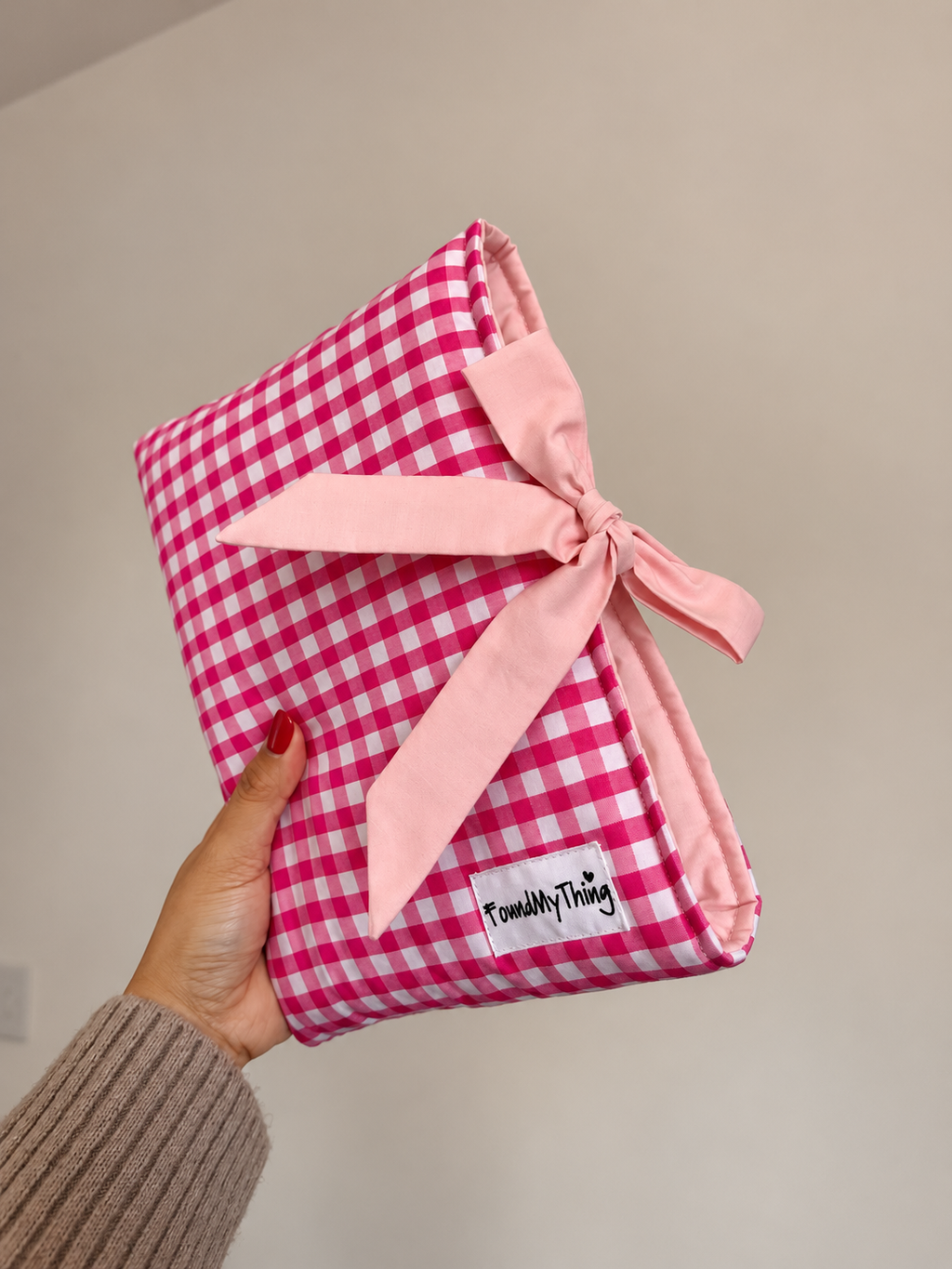 Pink Gingham Soft Padded Book Sleeve with Bow for Book Lover